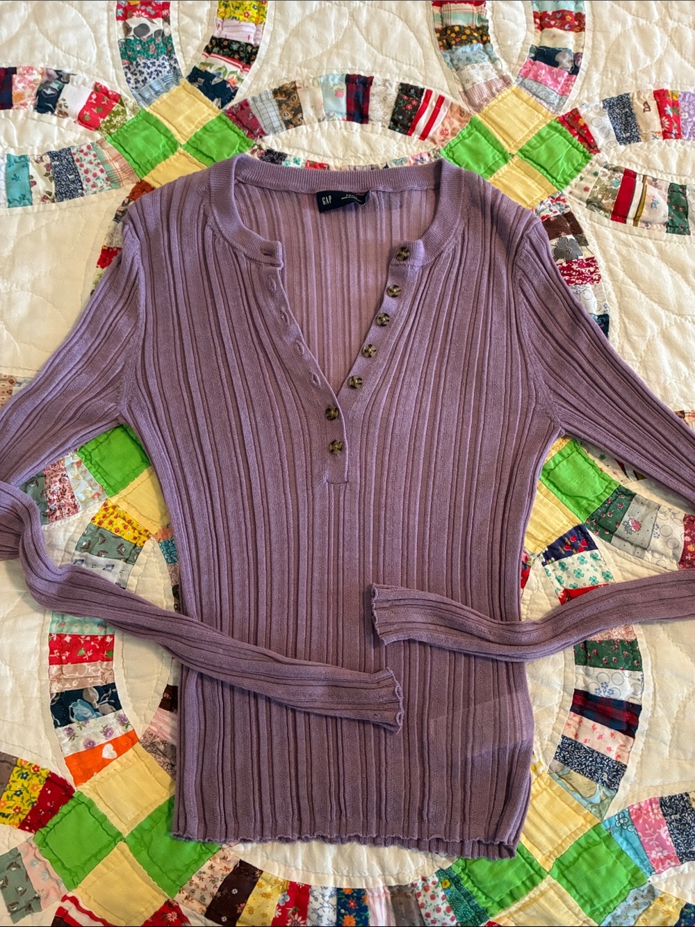 GAP Lilac Ribbed Henley Long Sleeve Top acrylic fall feminine girlhoodcore